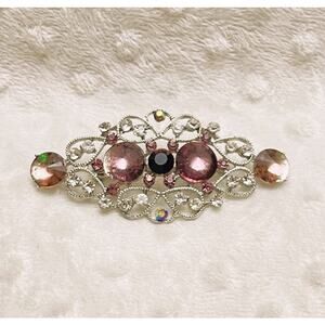 Vintage Czech Silver Filigree Brooch w/ Shades of Pink & Clear Crystal Accents